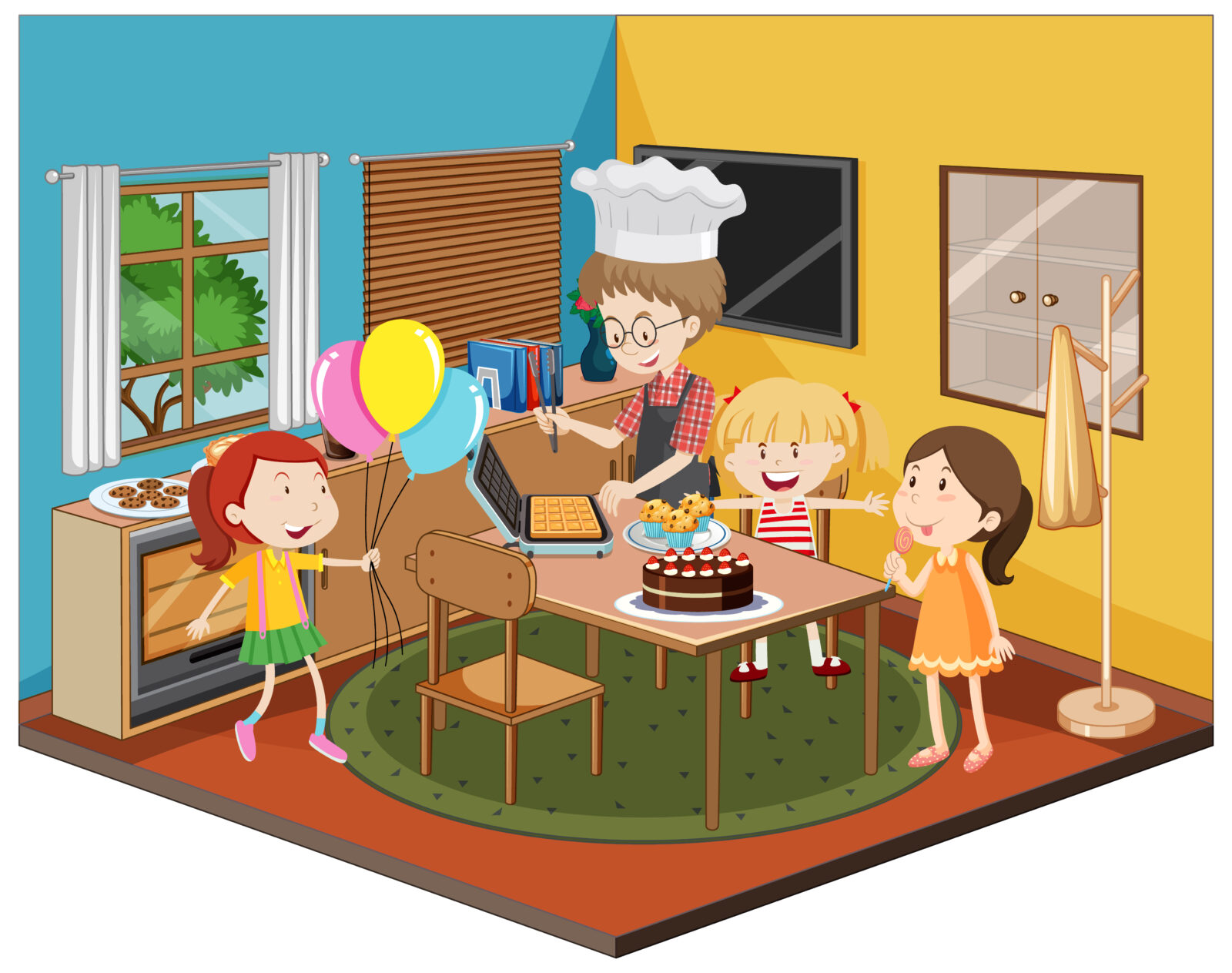 Children in the kitchen with party theme illustration