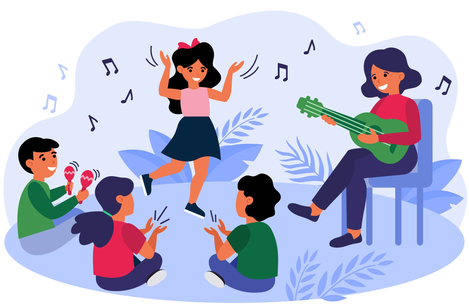 Happy kids having fun during their music class. Teacher and children playing guitar, clapping hands, dancing and singing at daycare preschool. Vector illustration for musical education concept